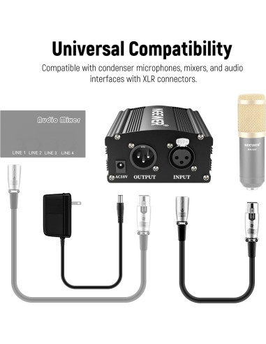 Fuente de Alimentación Phantom Neewer 48V con Cable XLR 2.44m