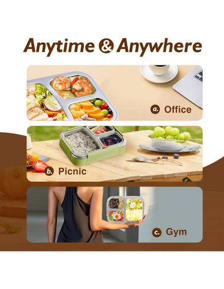 Caja Bento Acero Inoxidable 304 JKT HOME 3 Compartimentos Verde