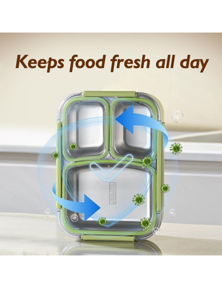 Caja Bento Acero Inoxidable 304 JKT HOME 3 Compartimentos Verde