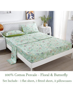 Juego de Sábanas King URBONUR Floral Verde 4 Piezas Algodón 2