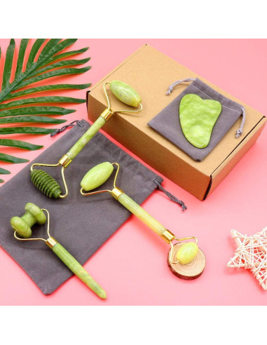 Juego de Rodillo de Jade y Gua Sha POPMISOLER 4 Piezas