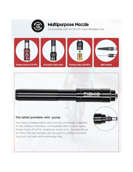 Bomba de Bicicleta Mini Tiakia 260 PSI Aluminio Negra