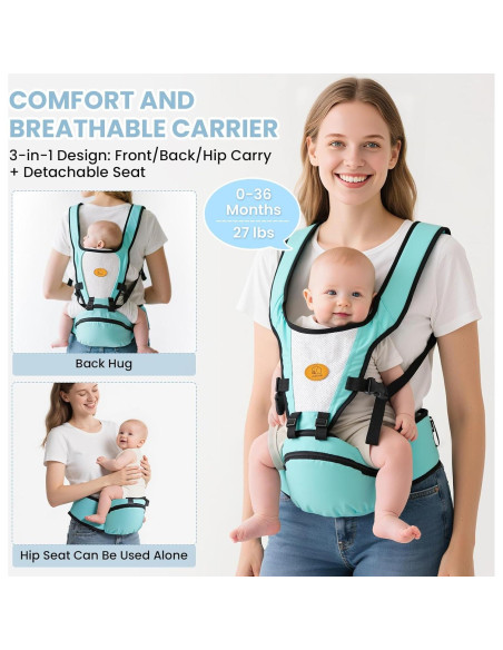 Portabebés Ergonómico 0-36 Meses Azul Cielo Malla Transpirable