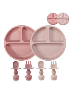Set de Alimentación para Bebés PandaEar - 2 Platos de Succión Rosa