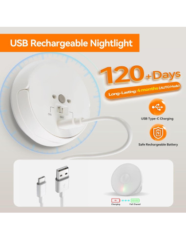 Luz Nocturna Recargable Dawnrise con Sensor de Movimiento - 4 Piezas