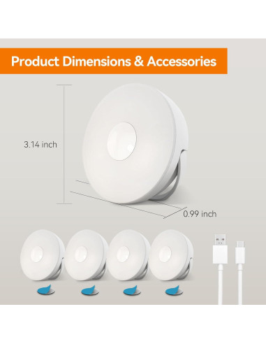 Luz Nocturna Recargable Dawnrise con Sensor de Movimiento - 4 Piezas