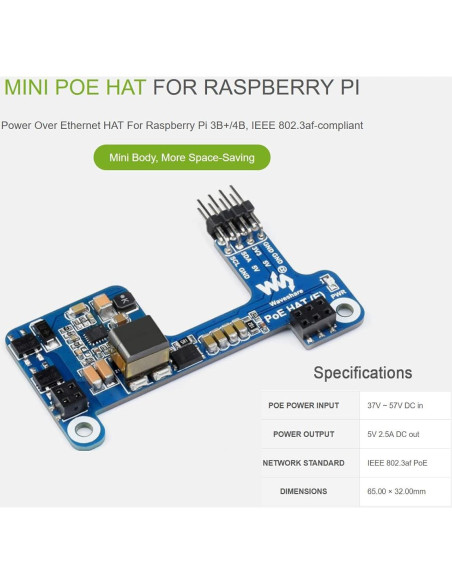 HAT PoE Waveshare para Raspberry Pi 3B+/4B, 5V 2.5A