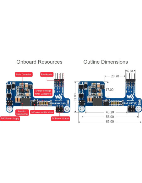 HAT PoE Waveshare para Raspberry Pi 3B+/4B, 5V 2.5A