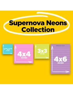 Notas Post-it Súper Adhesivas Neones Supernova, 4 Blocs, 2X Adhesión 2