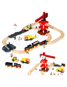 Juego de Vías de Tren de Madera 58 Piezas Trimate con Grúa