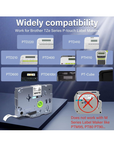 5 Pack Cinta de Etiqueta EcliptoVireo TZE231 12mm Blanca