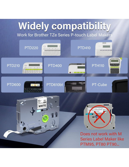 5 Pack Cinta de Etiqueta EcliptoVireo TZE231 12mm Blanca