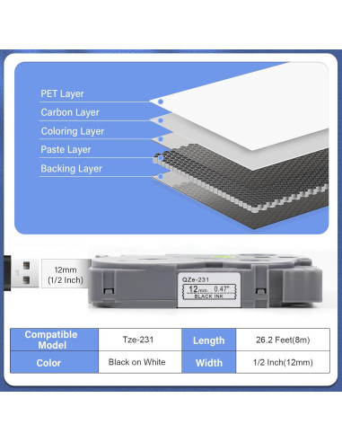 5 Pack Cinta de Etiqueta EcliptoVireo TZE231 12mm Blanca