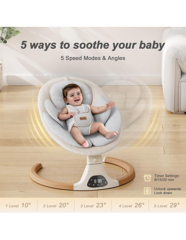 Hamaca Eléctrica para Bebés Monamii Beige, 5 Velocidades, Bluetooth