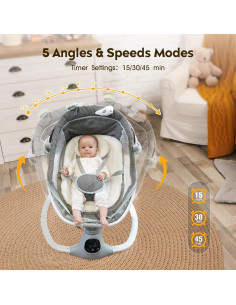 Columpio Eléctrico Portátil MelloBubbz Gris 5 Velocidades 9kg 2