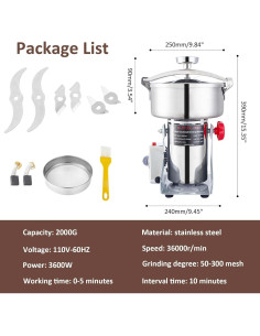 Molino de Grano Eléctrico BI-DTOOL 2000g 3600W Acero Inoxidable 2