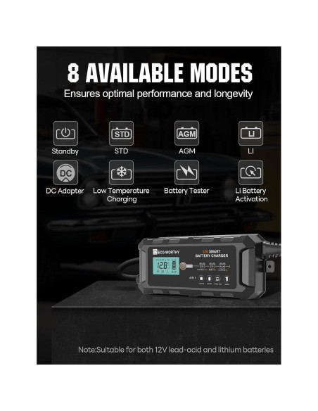 Cargador de Batería Inteligente ECO-WORTHY 10A 12V para Vehículos