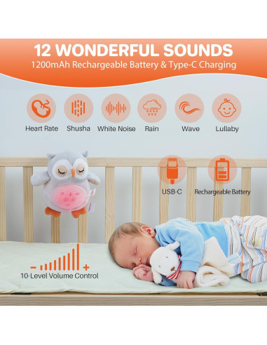 Máquina de Sonido para Bebés FUNYKICH Búho Recargable 12 Sonidos