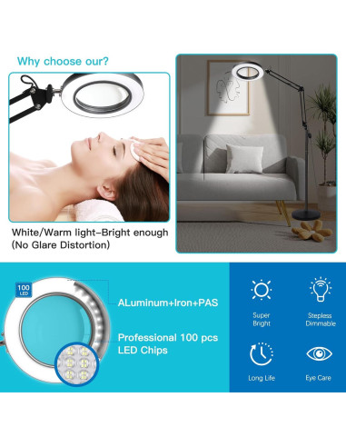 Lámpara de Piso con Aumento 10X ZABOUL, Luz LED, Ajustable