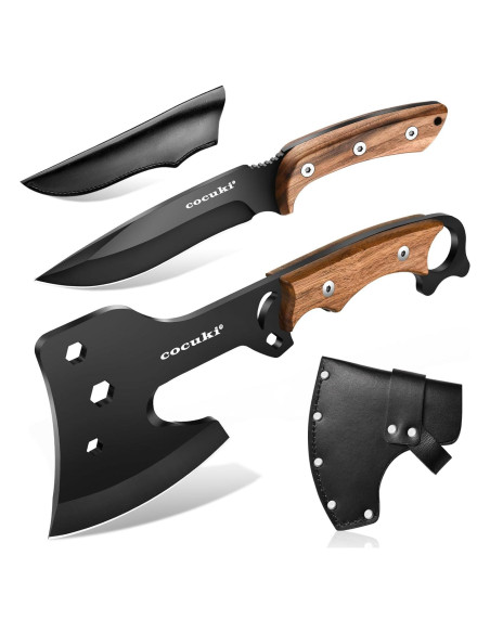 Juego de Hachas y Cuchillo CoCuKi con Funda de Cuero 29cm Juego de Hachas y Cuchillo CoCuKi con Funda de Cuero 29cm