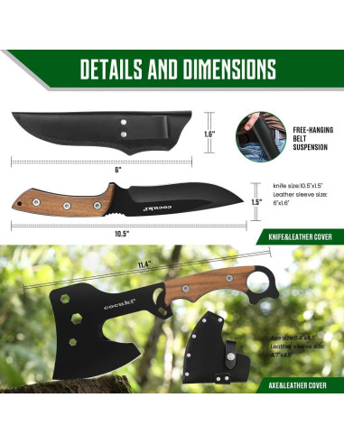 Juego de Hachas y Cuchillo CoCuKi con Funda de Cuero 29cm