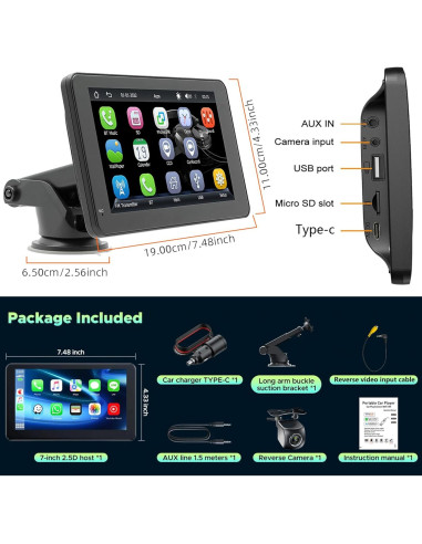 Pantalla Portátil 7" CarPlay Android Auto Baoqun con Cámara