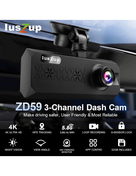 Cámara de Tablero IusZup ZD59 4K Triple 320 GPS WiFi 32GB
