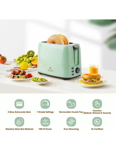 Tostadora iSiLER de 2 Rebanadas Verde 750W con 7 Niveles