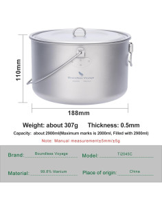 Olla de Camping de Titanio iBasingo 2.9L Ultraligera 2