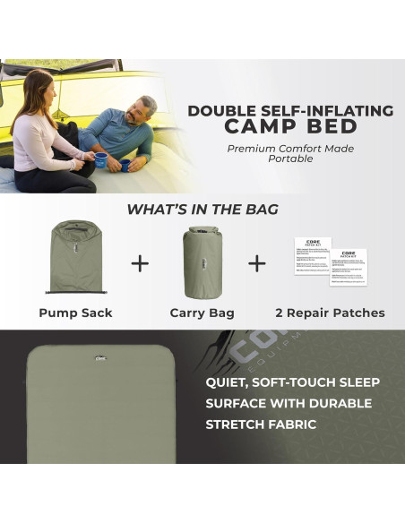 Cama de Camping Doble CORE Autoinflable 198x132 cm Verde Oliva