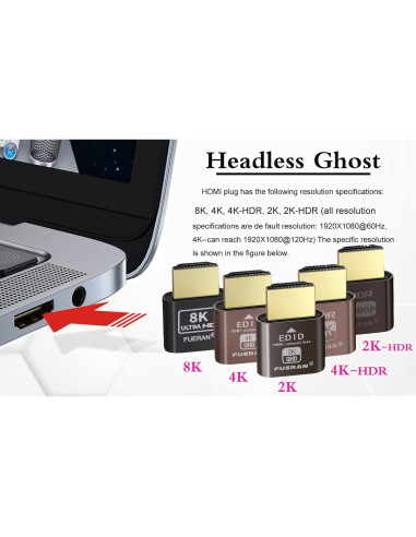 Emulador de Monitor Virtual FUERAN 4K HDMI Dummy Plug 6 Pcs
