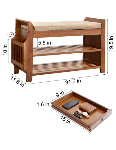 Banco de Zapatos PETKABOO de Bambú 80 cm 2 Niveles Marrón