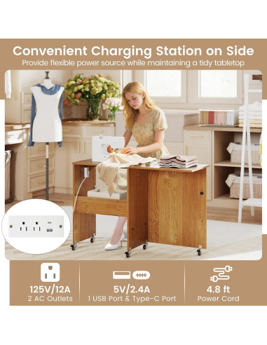 Mesa de Costura Plegable DORTALA con Estación de Carga Natural