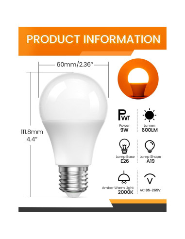 Bombillas LED Ámbar Bonlux E26 9W 2000K Paquete de 4