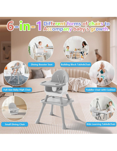 Silla Alta 6 en 1 para Bebés y Niños - Gris, Asiento Elevador y Mesa