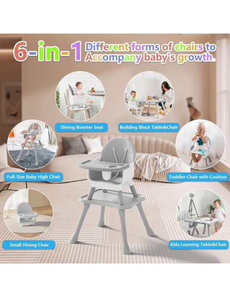 Silla Alta 6 en 1 para Bebés y Niños - Gris, Asiento Elevador y Mesa