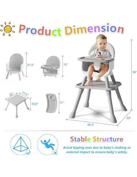 Silla Alta 6 en 1 para Bebés y Niños - Gris, Asiento Elevador y Mesa