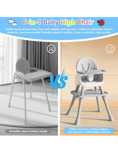Silla Alta 6 en 1 para Bebés y Niños - Gris, Asiento Elevador y Mesa