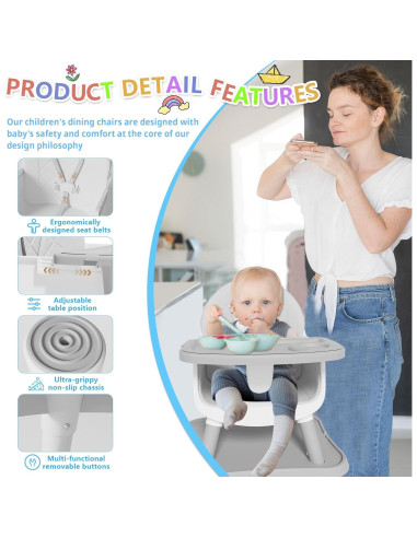 Silla Alta 6 en 1 para Bebés y Niños - Gris, Asiento Elevador y Mesa