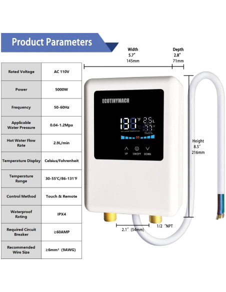 Calentador de Agua Instantáneo Eléctrico ECOTINYMACH 5000W 110V
