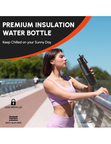 Botella de Agua Aislada SOUMAA 0.74L con Pajilla Negra