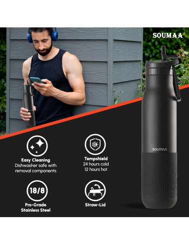 Botella de Agua Aislada SOUMAA 0.74L con Pajilla Negra