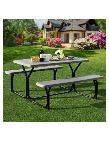 Conjunto de Mesa y Banco de Picnic Hysache, Acero y HDPE, Gris