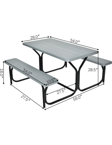 Conjunto de Mesa y Banco de Picnic Hysache, Acero y HDPE, Gris