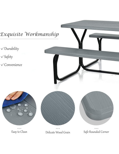 Conjunto de Mesa y Banco de Picnic Hysache, Acero y HDPE, Gris