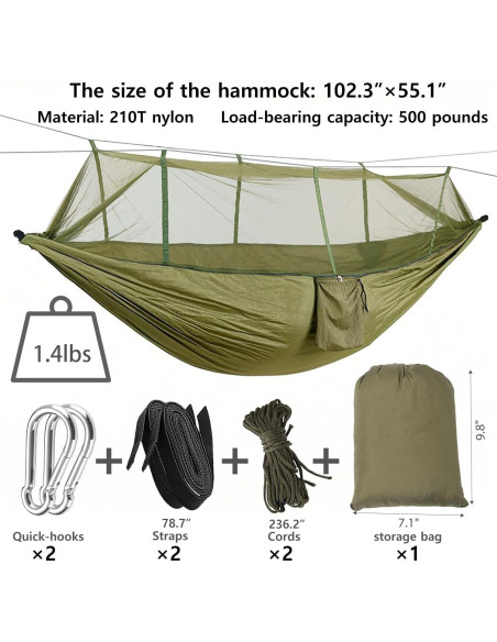 Hamaca de Camping DQ con Red Antimosquitos Verde 260.9x139.7cm Hamaca de Camping DQ con Red Antimosquitos Verde 260.9x139.7cm