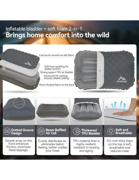 Almohada Inflable MARCHWAY para Camping y Viajes - Gris