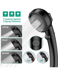 Cabezal de Ducha HEROBAI Alta Presión 3 Modos Ahorra Agua Negro 2