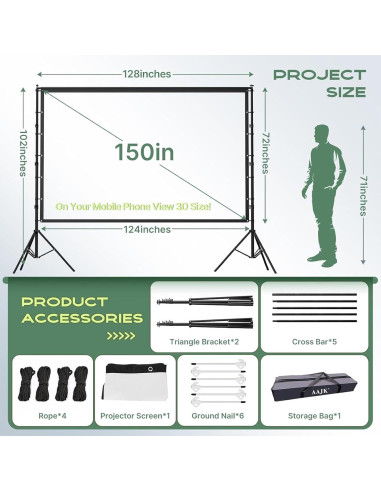 Pantalla de Proyector AAJK 150" Portátil 4K HD con Soporte