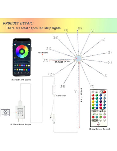 Luces LED de Fuegos Artificiales Noddy 14pcs RGBIC Control APP